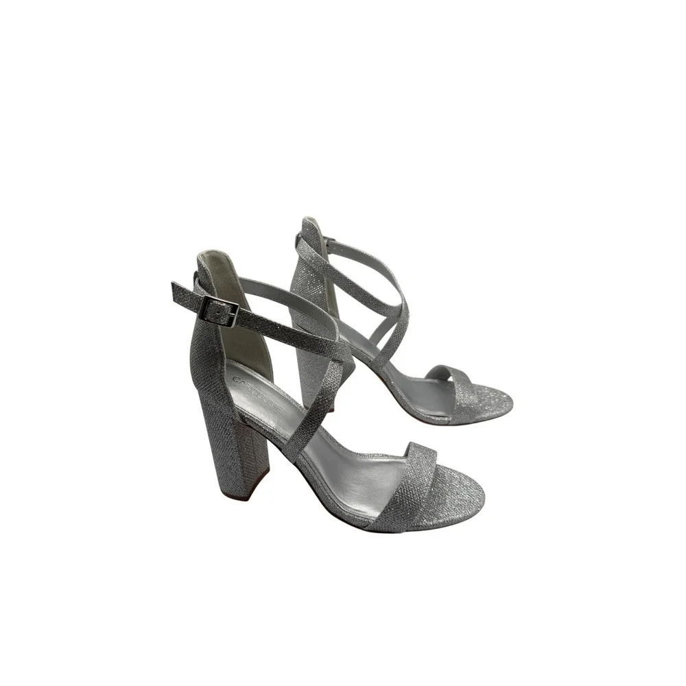 CARCUUME‎ Coco Silver Glitter Block Heel Sandals Crisscross Ankle Strap Size 10